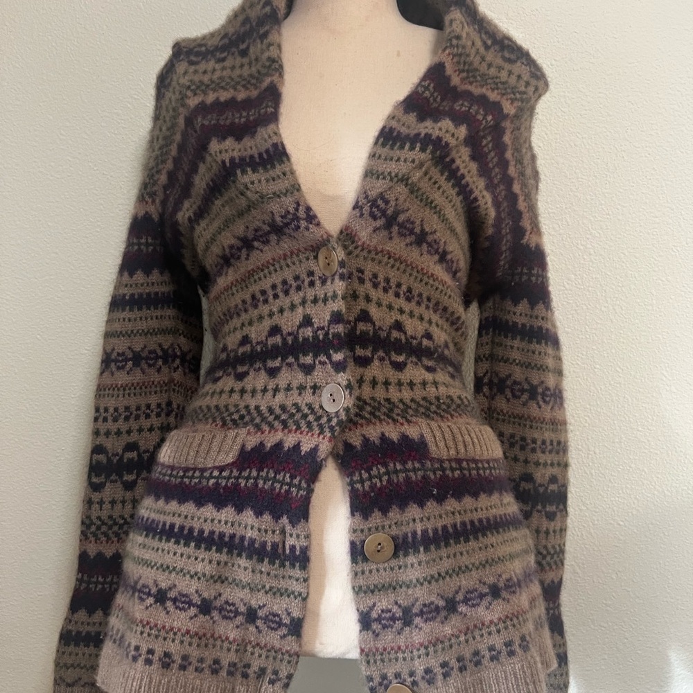 Katherine Kelly Cashmere Cardigan Sweater XS Collar V-Neck Button Print Tan Red